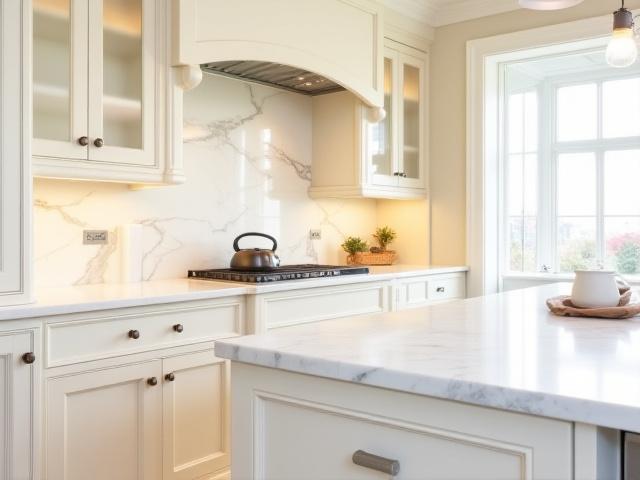 Klassisk kjøkken med lyse fronter og marmorbenk i Bergen