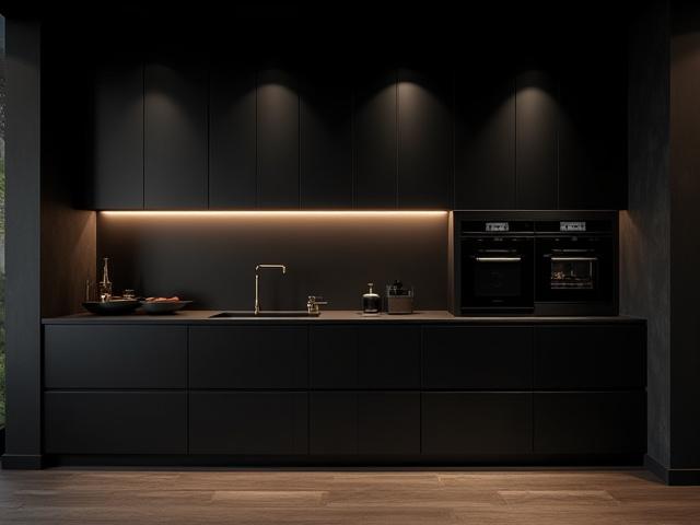 Ultra-moderne kjøkken med svarte matte overflater og innebygde hvitevarer i Drammen