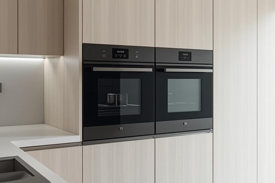 Integrerte hvitevarer i et moderne kjøkken, med ovn og kaffemaskin innfelt i skap