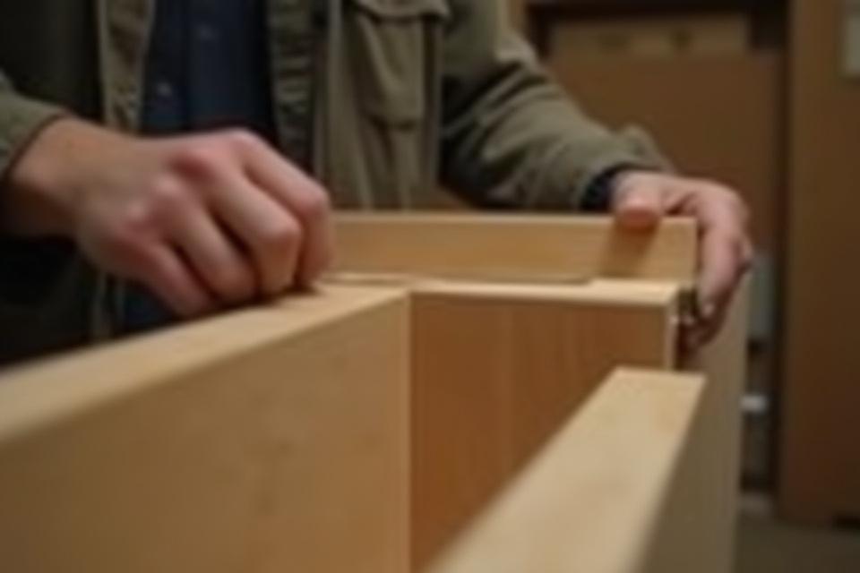 Nærbilde av en håndverker som monterer et treskap i et verksted